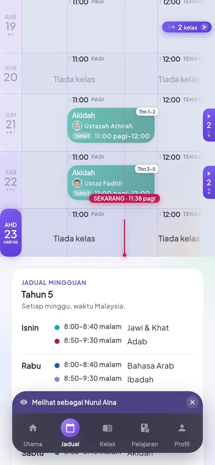 Skrin jadual mingguan KAFA Boost, menunjukkan kelas mengikut hari.