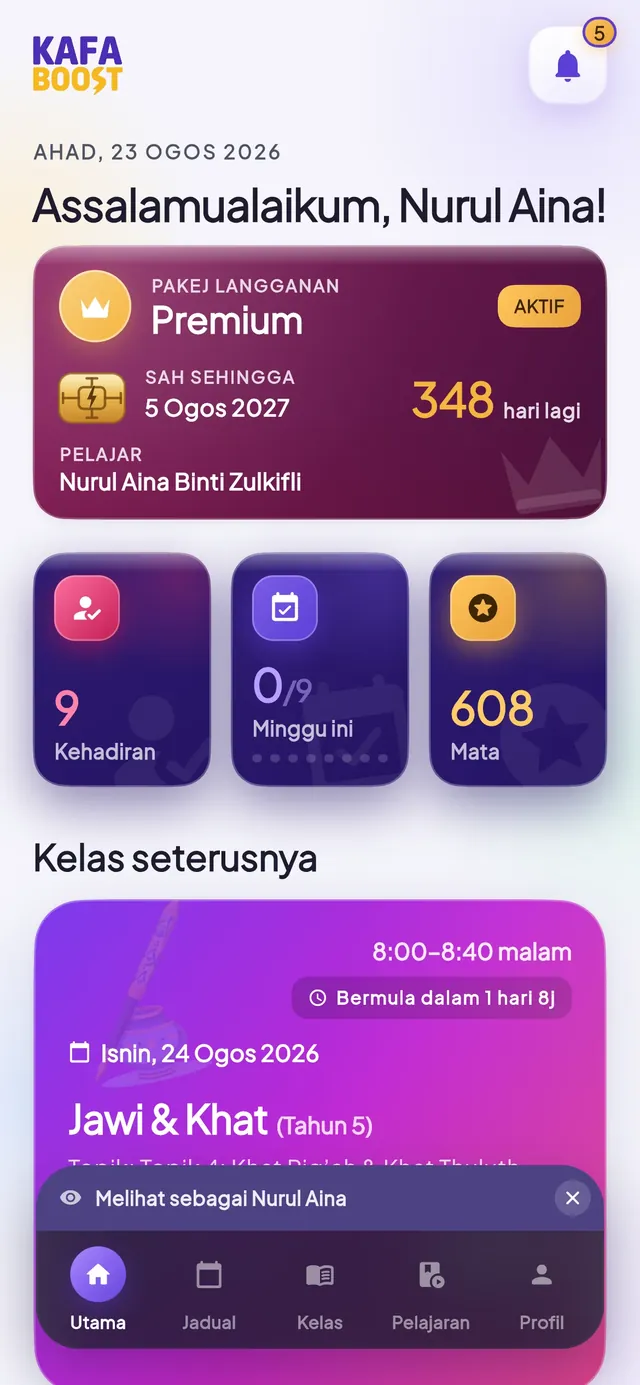 Skrin utama app KAFA Boost.
