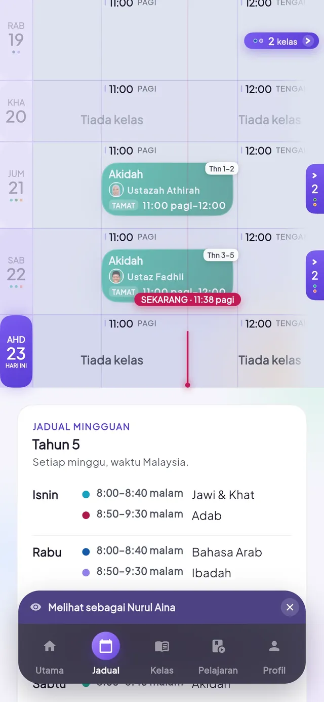 Skrin jadual mingguan app KAFA Boost.