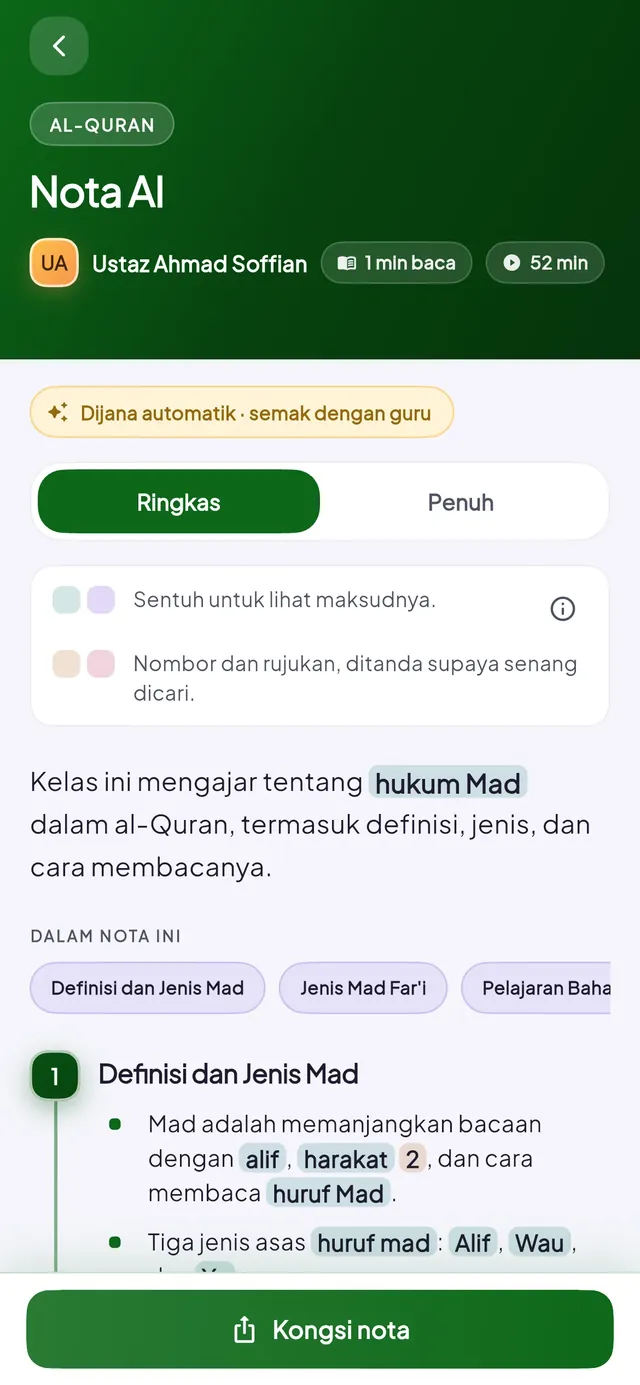 Skrin nota kelas app KAFA Boost.
