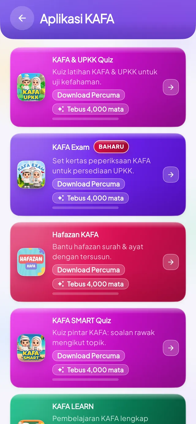 Skrin aplikasi KAFA yang boleh ditebus dengan mata ganjaran.